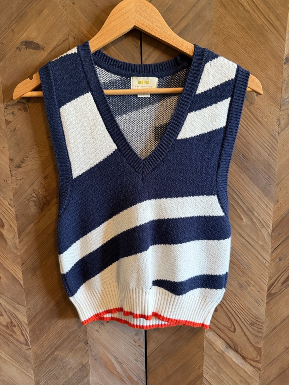Maeve Navy, White & Red Striped V-Neck Knit Vest